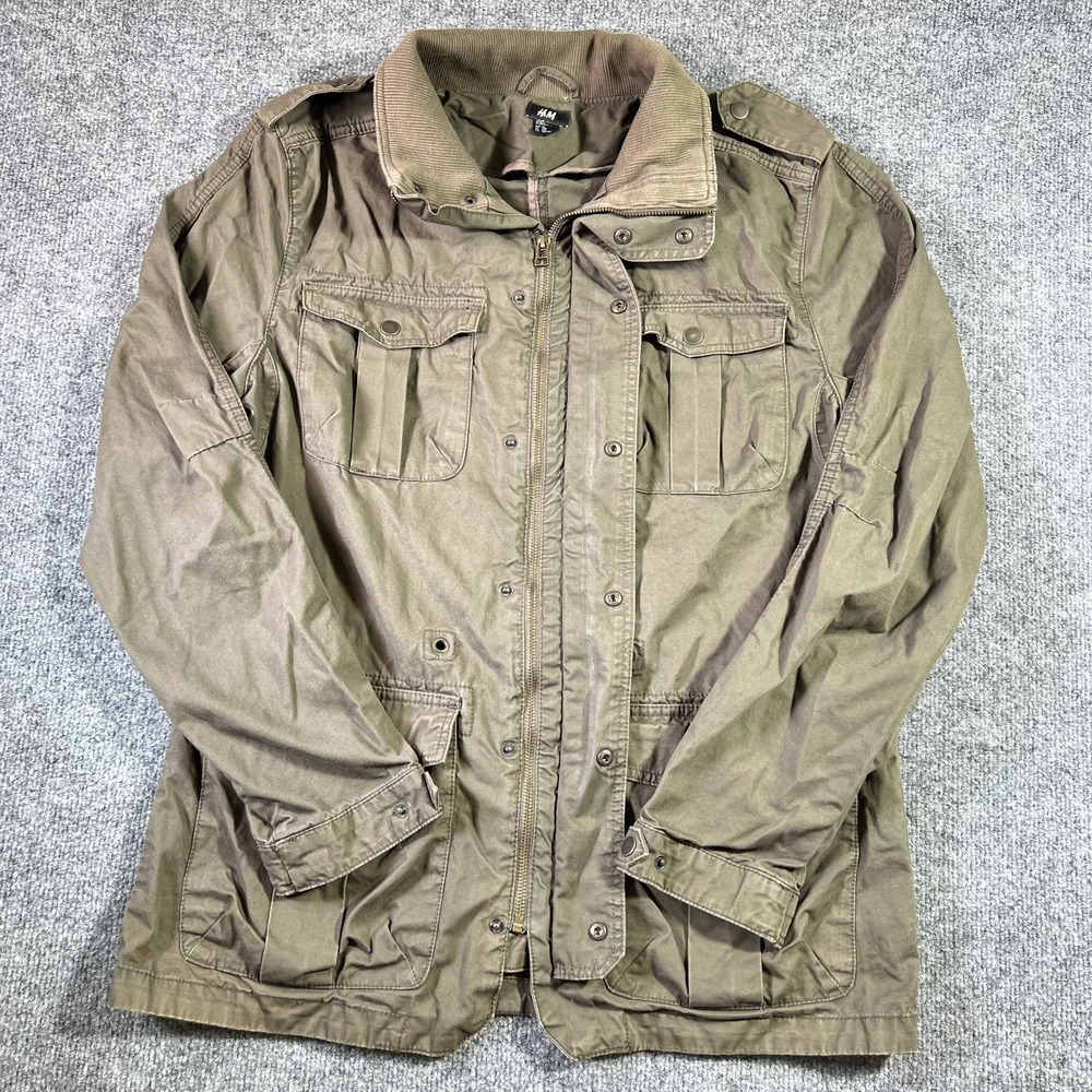 H&M Utility Jacket 44R Large Green Full Zip Corduroy Collar Epaulettes Military